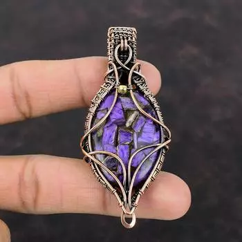 Медный кулон с чароитом, обернутый медной проволокой, подлинный драгоценный камень, ювелирные изделия ручной работы, достойный кулон, обернутый медной проволокой, ювелирные изделия в подарок для нее