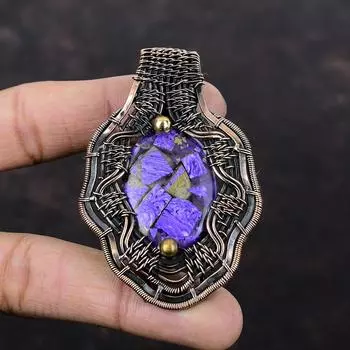 Медный кулон с чароитом, подвеска из медной проволоки, потрясающие медные украшения, подвеска ручной работы, подвеска из драгоценного камня, подарок для него, ювелирные изделия из проволоки