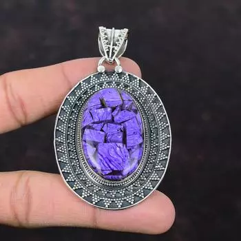 Медный кулон с чароитом, подвеска из натурального драгоценного камня, ювелирные изделия ручной работы, подвеска из стерлингового серебра 925 пробы, винтажный кулон, подарок для нее, окисленные ювелирные изделия