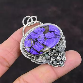 Медный кулон с чароитом, ювелирные изделия из драгоценного камня, стерлинговое серебро 925 пробы, кулон с цветком, дизайнерские ювелирные изделия ручной работы, кулон с камнем для подарков