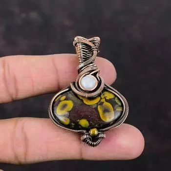 Медный кулон с фруктовой яшмой, медная проволока, кулон с лунным камнем, медная проволока, ювелирный подарок для женщин, кулон с драгоценным камнем ручной работы