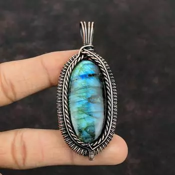 Медный кулон с лабрадоритом, обернутый проволокой, кулон с драгоценным камнем, кулон ручной работы, ювелирные изделия из медной проволоки для подарка, ювелирные изделия из лабрадорита, антикварные подвески