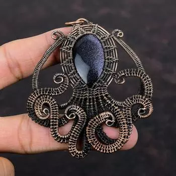 Медный кулон с синим солнечным камнем, завернутый в проволоку, кулон в виде осьминога, кулон из натурального драгоценного камня, кулон ручной работы, медная проволока, завернутый в ювелирный подарок для него