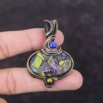 Медный кулон-стихтит, медная проволока, кулон, ювелирные изделия ручной работы, ляпис-лазурь, кулон с драгоценным камнем, медные ювелирные изделия, завернутый кулон для подарка