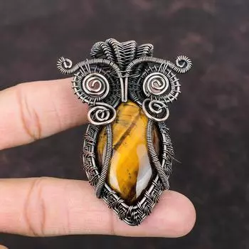 Медный кулон «Тигровый глаз», кулон в проволочной обертке, ювелирные изделия ручной работы, кулон с совой, медный ювелирный подарок для нее, кулон с драгоценными камнями, ювелирные изделия в упаковке