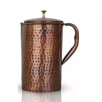 Медный кувшин-питчер с кованым дизайном - Античный темный тон - 2000 мл - Хранение и подача воды для йоги, аюрведы, исцеления