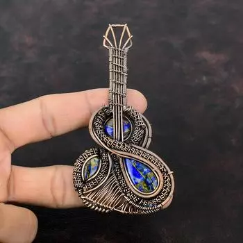 Медный лазуритовый кулон, обернутый медной проволокой, кулон с гитарой и драгоценным камнем, ручная работа, медная проволока, ювелирное изделие, кулон с камнем по рождению, подарок для мамы