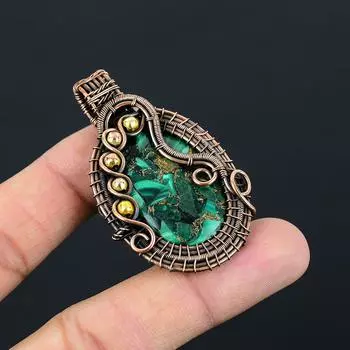 Медный Малахит Драгоценный Камень Чистая Медная Проволока Обернутая Ювелирные Изделия Ручной Работы Кулон 2.32 Inches зелёный