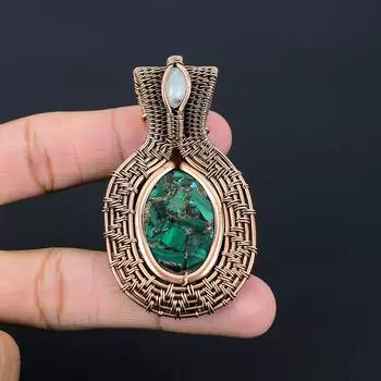 Медный малахит и лунный камень, драгоценный камень, обертка из чистой медной проволоки, ювелирный кулон ручной работы 2.56 Inches зелёный