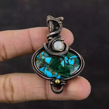 Медный малахитовый бирюзовый кулон, обернутый медной проволокой, ювелирное изделие, кулон с лунным камнем, драгоценный камень, подарок маме, кулон из медной проволоки ручной работы