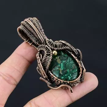 Медный малахитовый драгоценный камень, ювелирные изделия ручной работы, подвеска из чистой медной проволоки 2.83 Inches зелёный