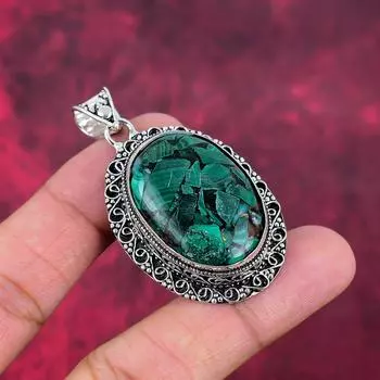 Медный малахитовый кулон, ювелирные изделия из драгоценных камней, кулон из стерлингового серебра 925 пробы, кулон ручной работы, подарок для жены, ювелирные изделия 2.24 Inches зелёный