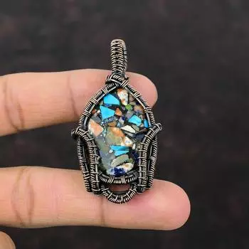 Медный многоцветный бирюзовый кулон, медная проволочная обертка, подвеска с настоящим драгоценным камнем, дизайнерский кулон, подарок на помолвку, ювелирные изделия из меди ручной работы