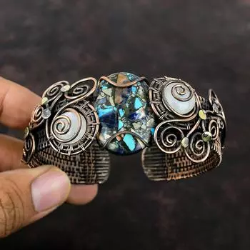 Медный мульти-бирюзовый браслет Медная проволока Браслет-манжета Радужный браслет из лунного камня Регулируемая манжета ручной работы Ювелирные изделия из драгоценных камней для подарка