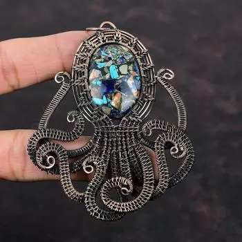Медный мульти-бирюзовый кулон Медная проволока, обернутая драгоценным камнем Кулон Мульти-бирюза Ювелирные изделия Подвеска в виде осьминога Для подарка Медные украшения ручной работы