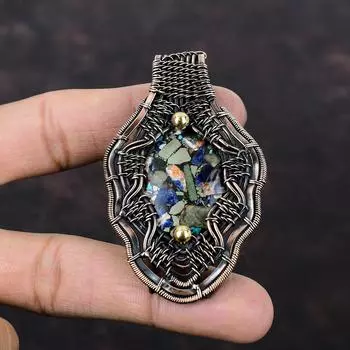 Медный мульти-бирюзовый кулон Медная проволока, обернутая кулоном Мульти-бирюзовые украшения, кулон с драгоценным камнем, медные украшения ручной работы, подарок на годовщину