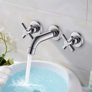 Медный настенный смеситель для раковины с двойной ручкой и тремя отверстиями, бытовой смеситель для горячей и холодной воды, скрытый в шкафу для ванной комнаты, набор из трех предметов