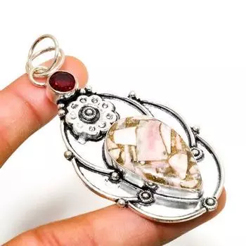 Медный родохрозит и гранат 925 пробы, посеребренный кулон 2,84 дюйма 2.84 розовый