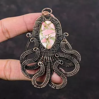Медный розовый опал, кулон с драгоценным камнем, медная проволока, кулон, кулон ручной работы, осьминог, медная проволока, ювелирные изделия, кулон с камнем, подарок для него