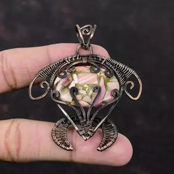 Медный розовый опал, кулон с драгоценным камнем, медная проволока, кулон, уникальный кулон ручной работы, медная проволока, ювелирные изделия, подвеска в виде черепахи, подарок для мамы