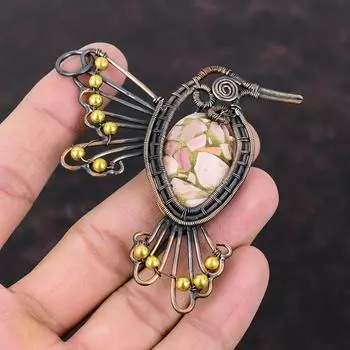 Медный розовый опаловый кулон, обернутый медной проволокой, ювелирные изделия из драгоценных камней, изящный кулон ручной работы, подвески в виде птиц, ювелирные изделия из медной проволоки, подарок для нее