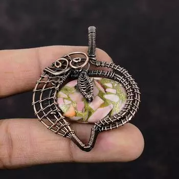 Медный розовый опаловый кулон, обернутый медной проволокой, ювелирное изделие, уникальный стиль, кулон, ювелирное изделие из драгоценных камней ручной работы, кулон, обернутый медной проволокой, подарок для матери