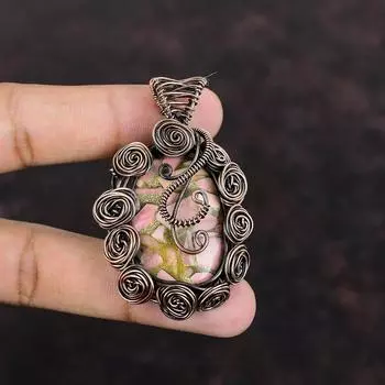 Медный розовый опаловый кулон, обернутый медной проволокой, кулон из настоящего драгоценного камня, ручная работа, обернутый медной проволокой, ювелирное изделие, лечебный камень, подарок для него