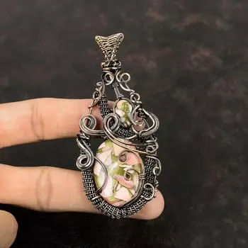 Медный розовый опаловый кулон, обернутый медной проволокой, элегантный кулон ручной работы, розовый опал, медные украшения, кулон с настоящим драгоценным камнем, подарок на помолвку