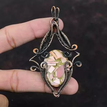 Медный розовый опаловый кулон, обернутый медной проволокой, изящный кулон, розовое опаловое ювелирное изделие, драгоценный камень, кулон для подарка, ювелирные изделия из медной проволоки ручной работы