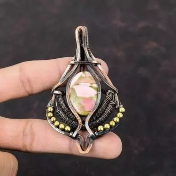 Медный розовый опаловый кулон, обмотанный медной проволокой, ювелирное изделие, натуральный драгоценный камень, антикварное украшение ручной работы, обмотанный медной проволокой, кулон в подарок для него