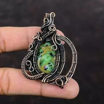 Медный рубин, кулон с цоизитом, медная проволока, кулон с драгоценным камнем, дизайнерский кулон ручной работы, ювелирные изделия из медной проволоки, удивительный кулон, подарок для жены