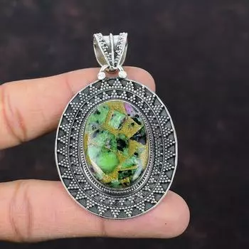 Медный рубиновый кулон с цоизитом, подвеска из стерлингового серебра 925 пробы, винтажные ювелирные изделия ручной работы, подвеска с драгоценным камнем высшего качества, подарок для него, красивый кулон