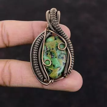 Медный рубиновый кулон с зоизитом, медная проволока, кулон, ювелирное изделие ручной работы, кулон с драгоценным камнем для женщин, медный кулон с рубиновым цоизитом, подарок для нее