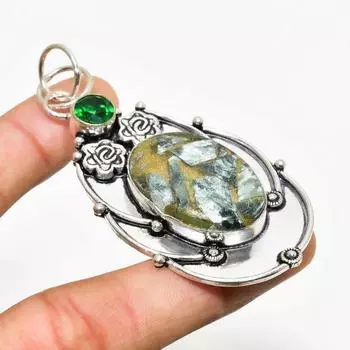 Медный серафинит, драгоценный камень диопсид 925, посеребренный кулон 2,65 дюйма 2.65 медный