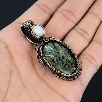 Медный серафинит и лунный камень, драгоценный камень, медная проволока ручной работы, ювелирный кулон для женщин 2.48 inches зелёный