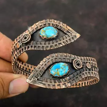 Медный синий бирюзовый браслет Медная проволока Браслет-манжета с драгоценным камнем Регулируемый браслет Медные украшения Браслет-манжета ручной работы Подарок для него