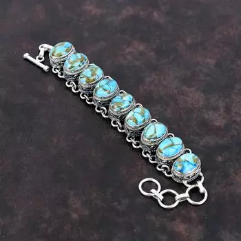 Медный Синий Бирюзовый Браслет Старинные Ювелирные Изделия Стерлингового Серебра 925 Браслет Ювелирные Изделия Из Драгоценных Камней Регулируемый Браслет-Цепочка Ручной Работы Подарок Для Него