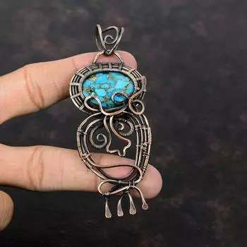 Медный синий бирюзовый кулон Медная проволока Кулон Натуральный драгоценный камень Медные украшения Подвеска ручной работы для подарка Изысканные ювелирные изделия из проволочной обмотки