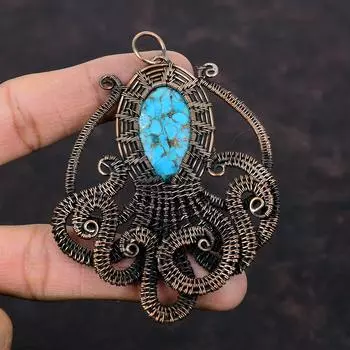 Медный синий бирюзовый кулон Медная проволока Кулон ручной работы Уникальный стиль Ювелирные изделия Подвеска с драгоценным камнем Медный осьминог Ювелирные изделия Подарок для мамы