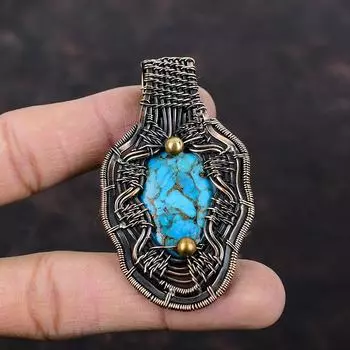 Медный Синий Бирюзовый Кулон Медная Проволока Обернутый Кулон Драгоценный Камень Медные Ювелирные Изделия Совершенно Новый Кулон Ручной Работы Бирюзовые Ювелирные Изделия Подарок Для Него