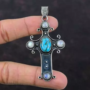 Медный синий бирюзовый кулон Радужный кулон с лунным камнем Подвеска из стерлингового серебра 925 пробы Ювелирные изделия ручной работы из драгоценных камней Крест Подвеска Подарок на годовщину