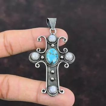 Медный Синий Бирюзовый Кулон Радужный Лунный Камень Кулон Стерлингового Серебра 925 Кулон Крест Кулон Ювелирные Изделия Из Драгоценных Камней Для Подарка Кулон Ручной Работы