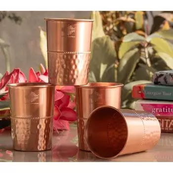 Медный стакан с полулакированным чеканным дизайном – 275 мл, Элегантная медная посуда для дома, офиса, путешествий и подарков, Набор из 4 штук