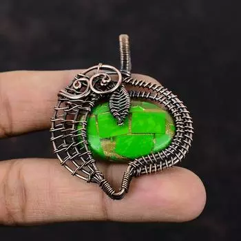 Медный зеленый бирюзовый кулон, медная проволочная обертка, подвеска ручной работы из драгоценных камней, проволочная обертка, ювелирные изделия в стиле бохо, медные украшения для подарка