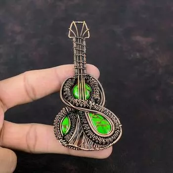 Медный Зеленый Бирюзовый Кулон Медная Проволока Кулон Гитара Ювелирные Изделия Кулон Ручной Работы Медные Ювелирные Изделия Свадебный Подарок Подвеска Из Настоящего Драгоценного Камня