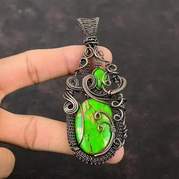 Медный зеленый бирюзовый кулон Медная проволока, обернутая драгоценным камнем Кулон ручной работы Красивые медные украшения Свадебный подарок Ювелирные изделия из проволочной обмотки