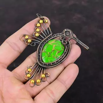 Медный Зеленый Бирюзовый Кулон Медная Проволока Обернутый Кулон Ювелирные Изделия Ручной Работы Из Драгоценных Камней Птица Дизайн Кулон Подарок Для Нее Антикварные Медные Ювелирные Изделия