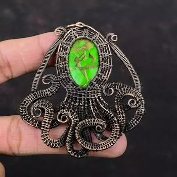 Медный зеленый бирюзовый кулон с драгоценным камнем, медная проволочная обертка, кулон в виде осьминога, ручная работа, проволочная обертка, ювелирные изделия в подарок для нее, медные украшения