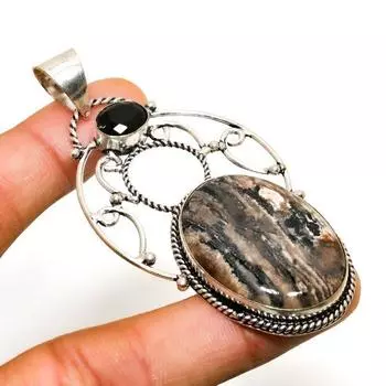 Медовый дендритный кулон с черной шпинелью и серебром 925 пробы, 2,84 дюйма 2.84 мёд