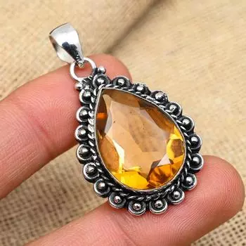 Медовый топаз, драгоценный камень, кулон ручной работы из стерлингового серебра 925 пробы для женщин 1.77 Inches жёлтый